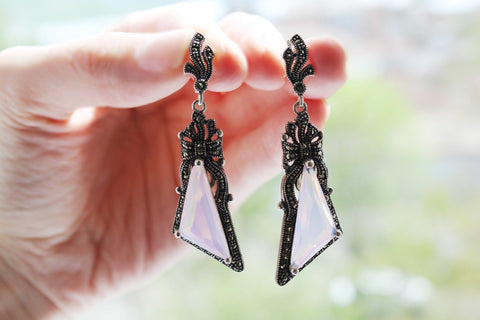 Very long earrings bow pink lab topaz stone Marcasite Sterling 925