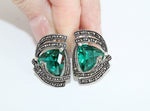 Emerald green stone Small marcasite earrings Sterling silver 925