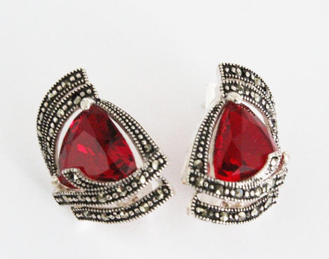 Red stone Small marcasite earrings Sterling silver 925 lab red topaz stone