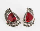 Emerald green stone Small marcasite earrings Sterling silver 925