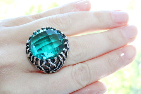 Turquoise teal jewelry Silver ring Large Rough big rings Round jewellery
