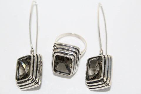 Modern jewelry set Silver 925 Zircon stones Brown stone Long hooked earrings