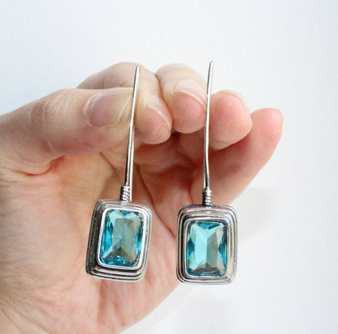 Long earrings ear wire hooked Silver 925 Zircon stones teal