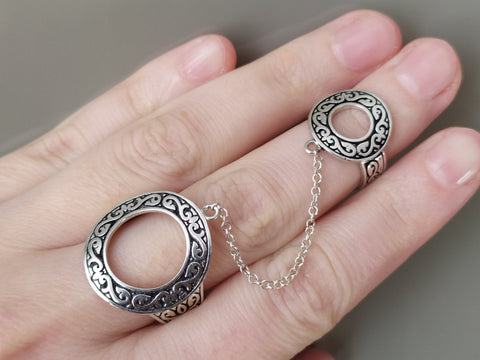 Armenian double ring with chain finger cover circles Modern SILVER 925 Adjustable