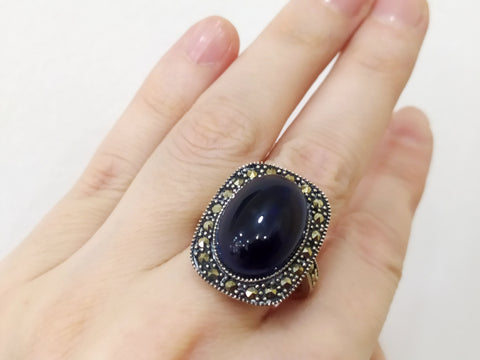 Navy blue quartz ring with cabochon stone Silver 925 jewelry