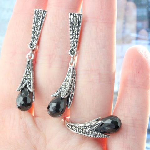 Black zircon earrings delicate ring Sterling silver 925