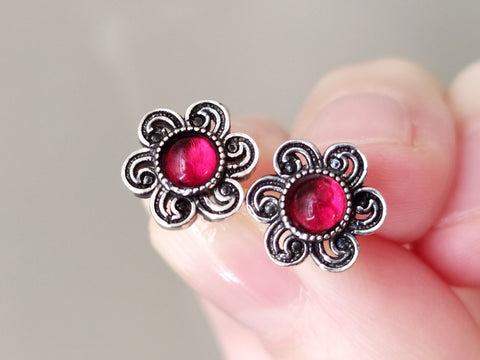 Tiny Stud Earrings flower silver 925red quartz