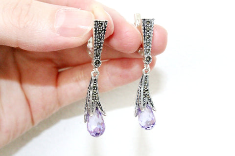 Lavender earrings curve purple zircon stone Sterling silver 925