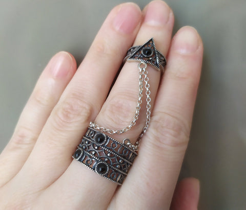 Double ring with black stones and chains Silver 925 Armenian