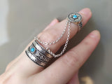 Double ring with blue turquoise stones and chains Silver 925