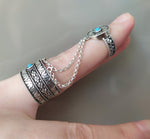 Double ring with blue turquoise stones and chains Silver 925