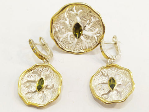 Gold plated silver SET Light green zircon flower Earrings and ring 925 Silver