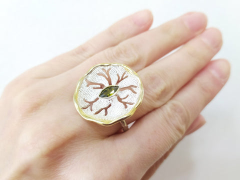 Gold plated silver RING flower Light green zircon Small floral Sterling silver 925