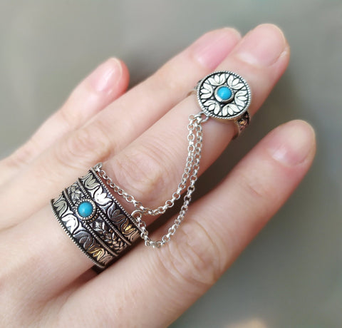 Double ring with blue turquoise stones and chains Silver 925