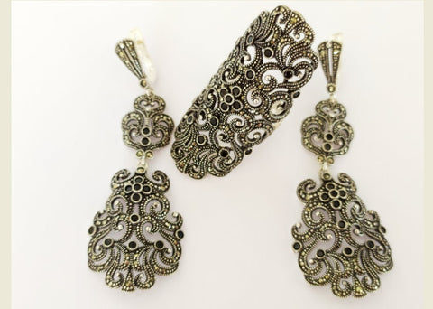 Silver set Large ring and Extra long earrings Sterling silver 925