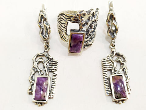 Earrings and ring  Silver set 925 Purple charoite gemstone