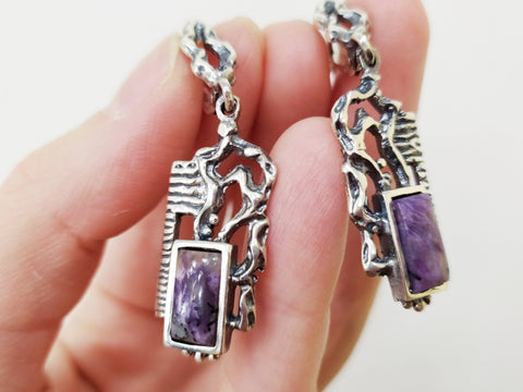 Earrings Purple charoite gemstone natural Sterling 925