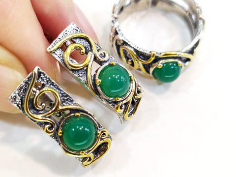 SET Sterling SILVER 925 Small earrings and ring with natural green jadeite