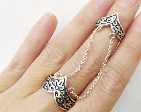 Double ring silver 925 full finger shield with chains
