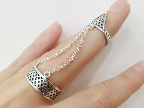 Double ring silver 925 full finger with two chains