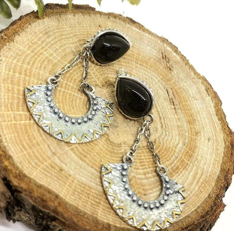 Long earrings silver 925 semi circle with black onyx