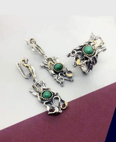 Green malachite Earrings ring Sterling silver 925