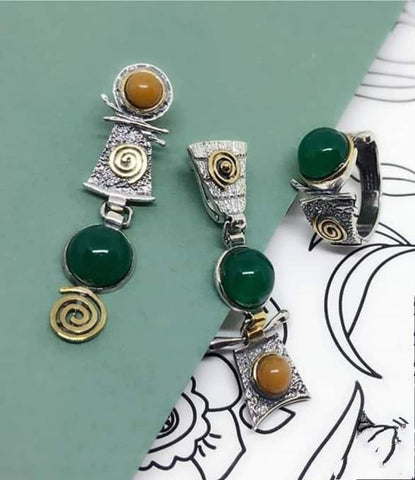Earrings and ring green and yellow gemstone SILVER 925