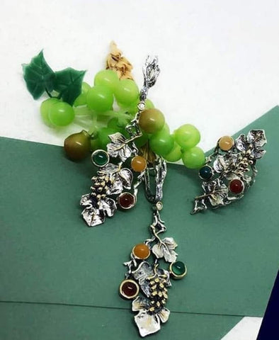 Grape jewelry Sterling Silver 925 earrings ring brown carnelian yellow green jadeite
