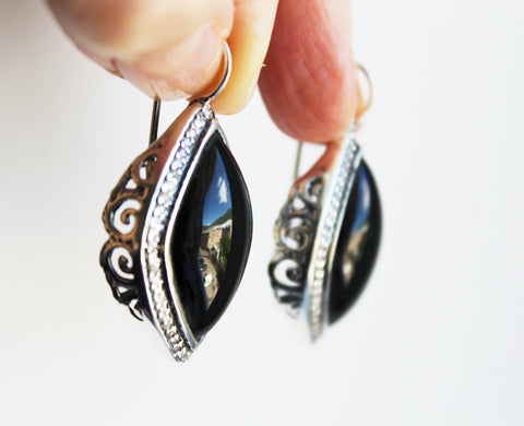 Vintage style Earrings black SILVER 925 Onyx stone Royal jewelry
