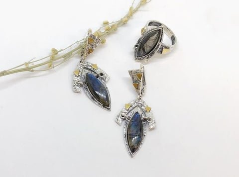 Labradorite natural earrings and ring SET Silver 925 gold plated parts