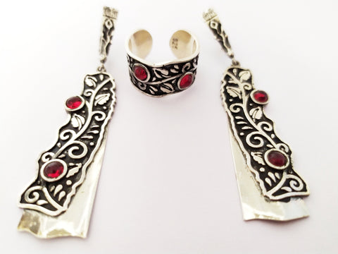 Jewelry set long earrings and adjustable ring Silver 925