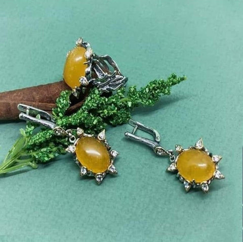 Yellow jadeite set sterling silver 925 Earrings and ring Armenian
