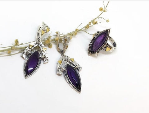 Purple amethyst natural Earrings and ring SET Silver 925 gold plated parts