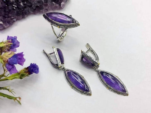 Amethyst natural earrings and ring SET Silver 925 gold plated parts