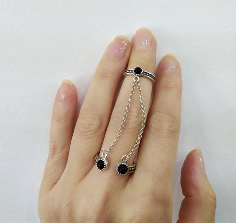 Double ring silver 925 and black onyx stones full finger with two chains