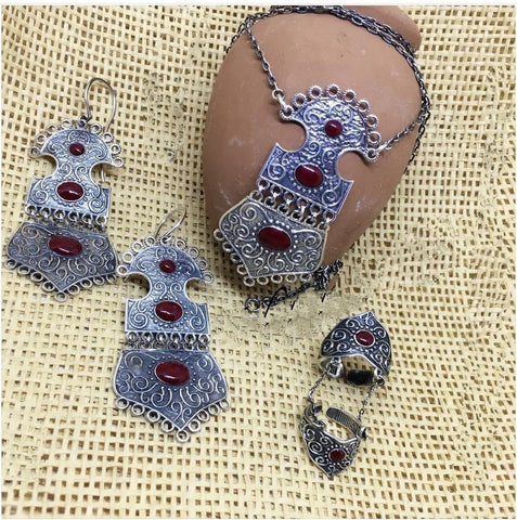 ARMENIAN set necklace silver Very large pendant and chain Adjustable ring