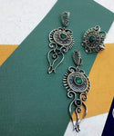 Sterling Silver 925 set earrings and ring with natural malachite gem