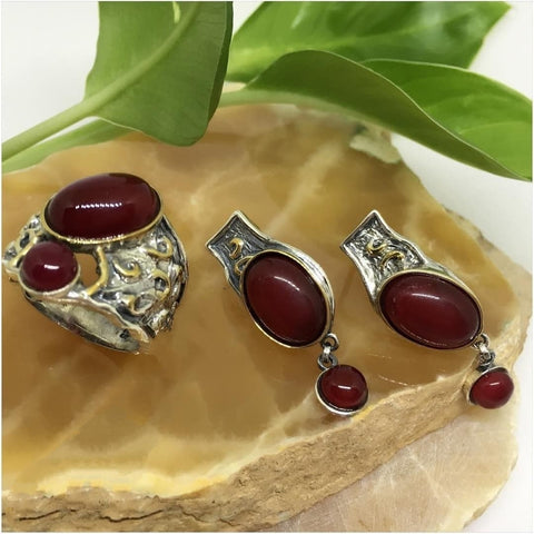 Sterling Silver 925 set earrings and ring with natural brown carnelian