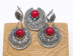 Coral gemstone red Sterling Silver SET earrings Dangle very long with chains and Ring