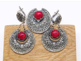 Coral gemstone red Sterling Silver SET earrings Dangle very long with chains and Ring