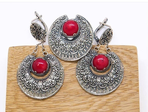 Coral gemstone red Sterling Silver SET earrings Dangle very long with chains and Ring