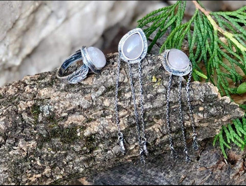 Earrings moonstone SILVER 925 long earrings chains and leaves