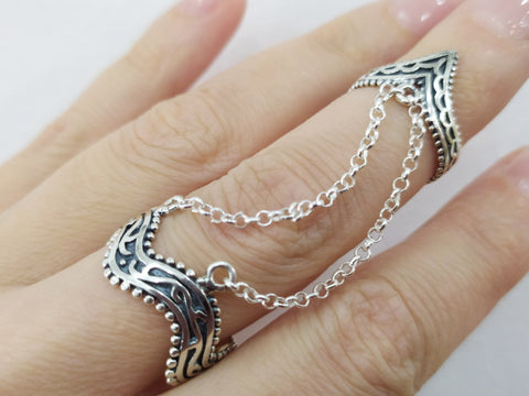 Double ring with chain Silver 925 Adjustable