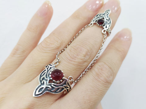 Armenian jewelry Double ring with chain Silver 925 red quartz stone