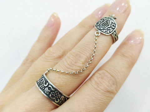 Double ring with chain Silver 925 Pomegranate Persephone