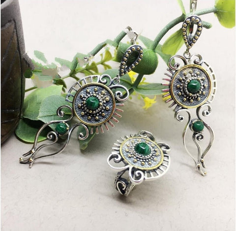 Sterling Silver 925 set earrings and ring with natural malachite gem