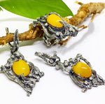 Silver 925 jewelry set Earrings ring Yellow Jadeite