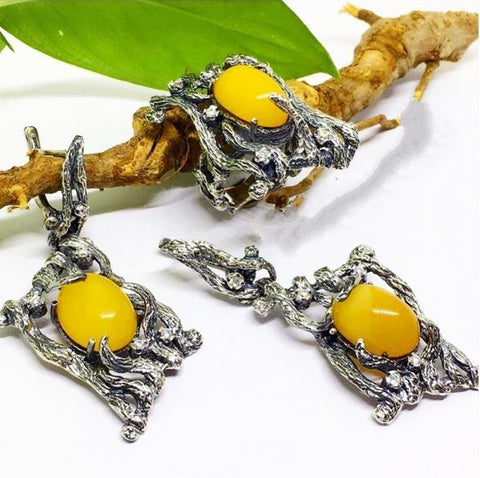 Silver 925 jewelry set Earrings ring Yellow Jadeite