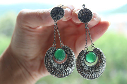 Earrings with chains big round Jadeite gemstone green Sterling Silver 925