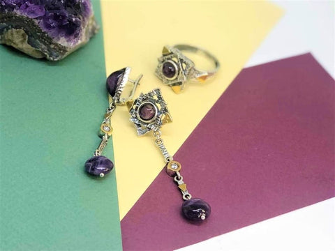 Purple amethyst earrings and ring SET Silver 925 gold plated parts